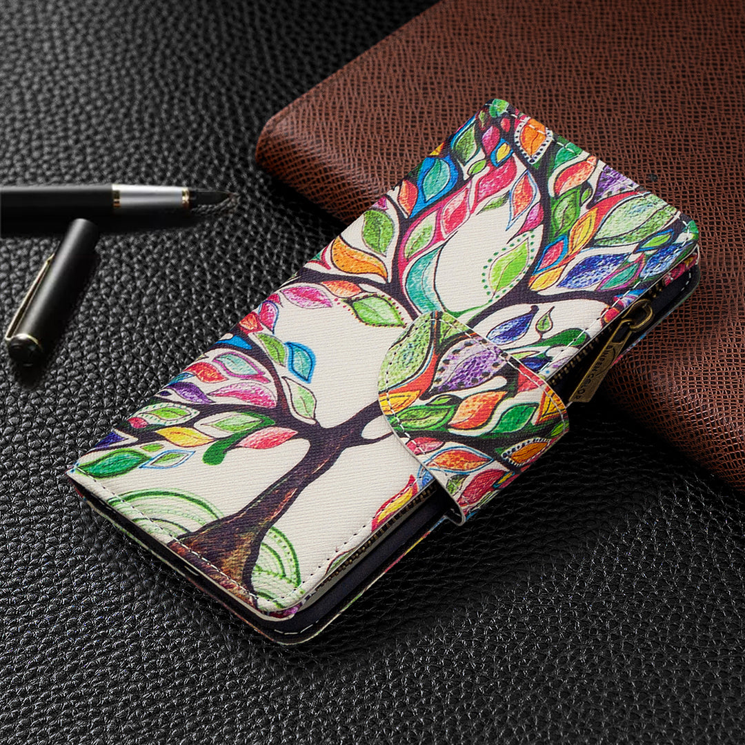 Patterned Zipper Wallet with 9 Card Slots Leather Phone Case Cover for Samsung Galaxy S20 4G/S20 5G - Color Tree