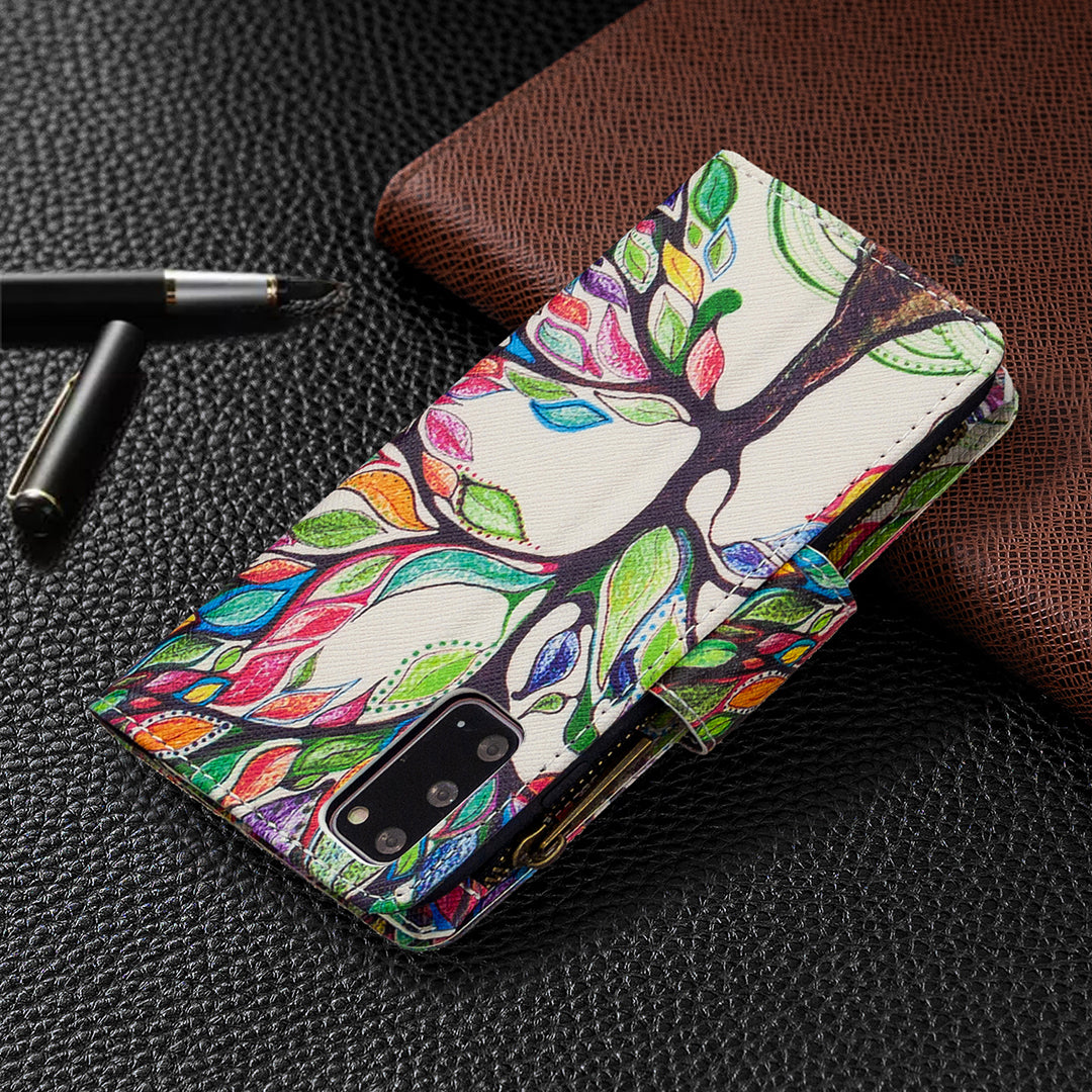 Patterned Zipper Wallet with 9 Card Slots Leather Phone Case Cover for Samsung Galaxy S20 4G/S20 5G - Color Tree