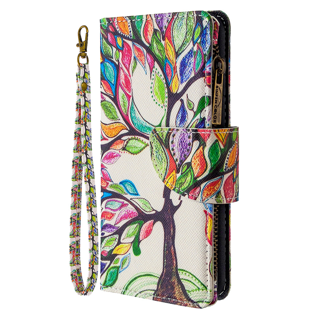 Patterned Zipper Wallet with 9 Card Slots Leather Phone Case Cover for Samsung Galaxy S20 4G/S20 5G - Color Tree