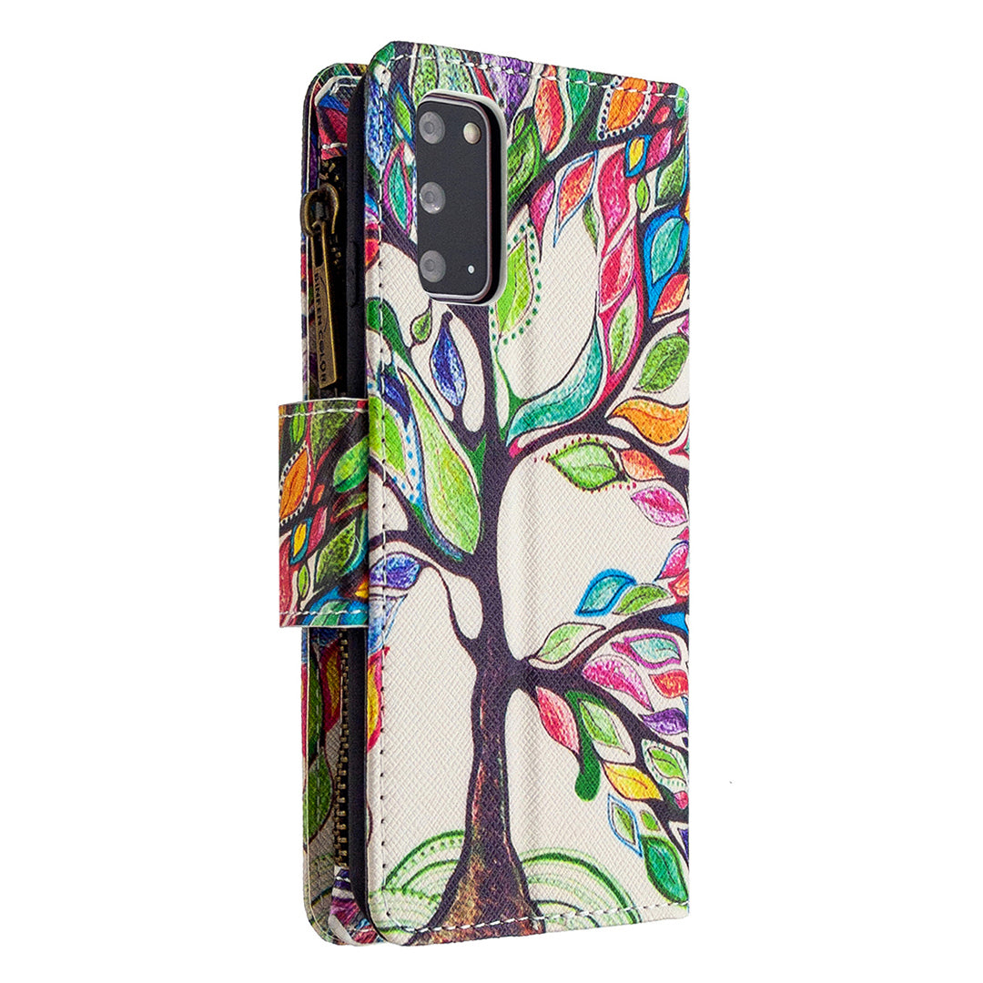 Patterned Zipper Wallet with 9 Card Slots Leather Phone Case Cover for Samsung Galaxy S20 4G/S20 5G - Color Tree