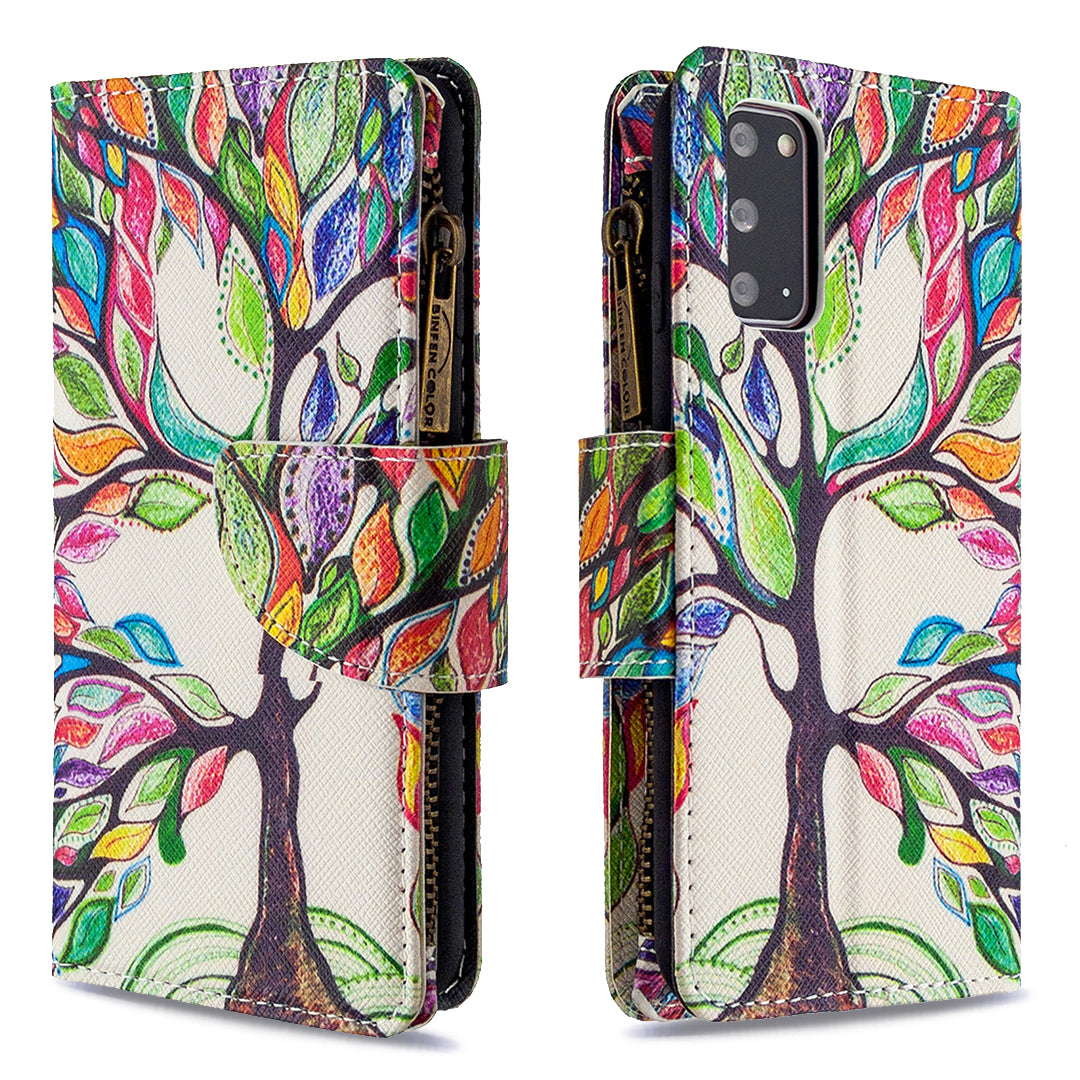 Patterned Zipper Wallet with 9 Card Slots Leather Phone Case Cover for Samsung Galaxy S20 4G/S20 5G - Color Tree