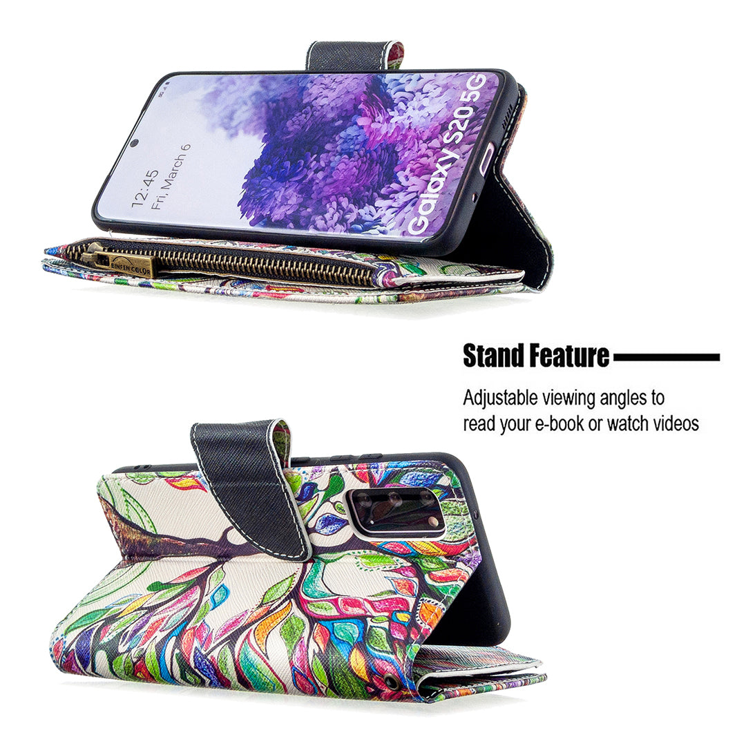 Patterned Zipper Wallet with 9 Card Slots Leather Phone Case Cover for Samsung Galaxy S20 4G/S20 5G - Color Tree