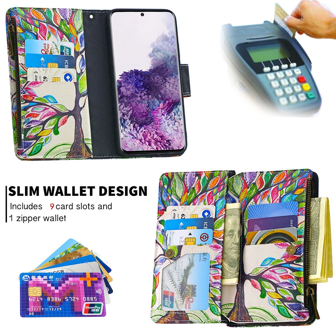 Patterned Zipper Wallet with 9 Card Slots Leather Phone Case Cover for Samsung Galaxy S20 4G/S20 5G - Color Tree