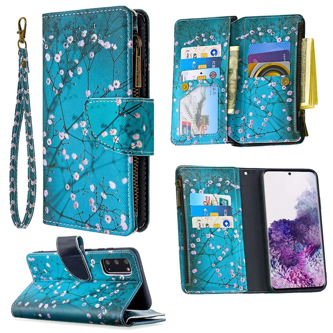 Patterned Zipper Wallet with 9 Card Slots Leather Phone Case Cover for Samsung Galaxy S20 4G/S20 5G - White Flowers