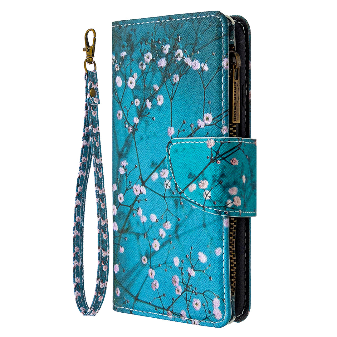 Patterned Zipper Wallet with 9 Card Slots Leather Phone Case Cover for Samsung Galaxy S20 4G/S20 5G - White Flowers