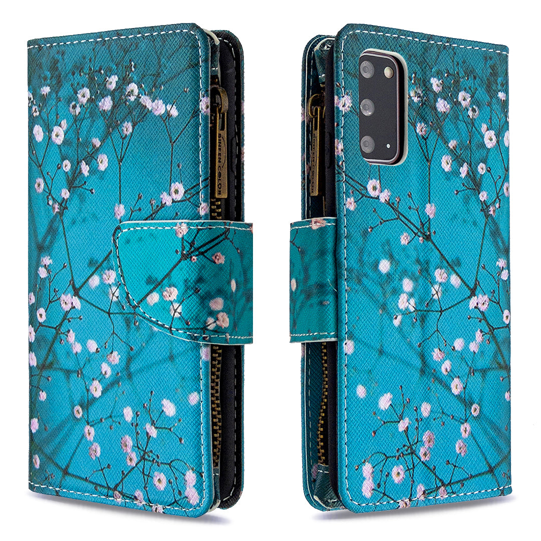 Patterned Zipper Wallet with 9 Card Slots Leather Phone Case Cover for Samsung Galaxy S20 4G/S20 5G - White Flowers