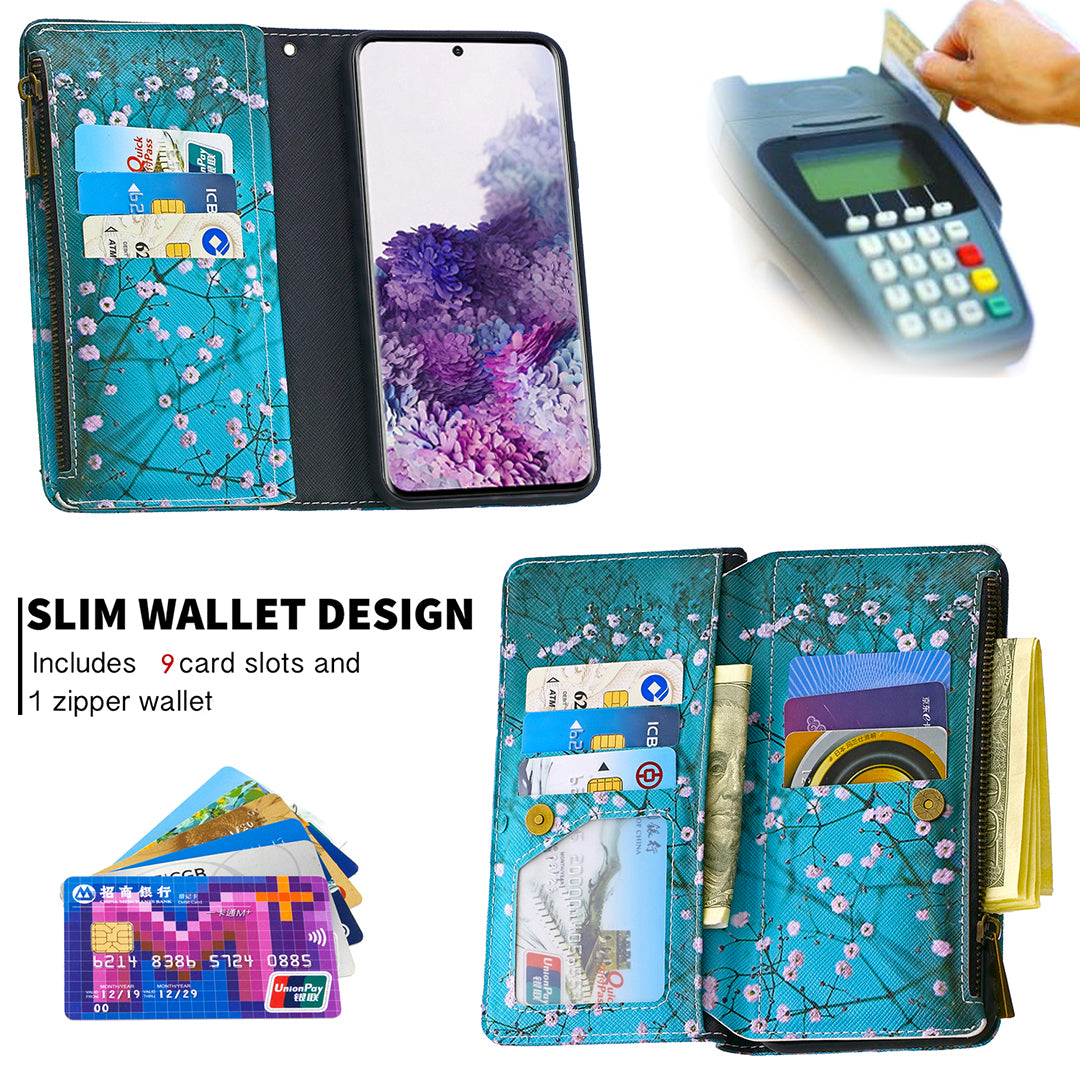 Patterned Zipper Wallet with 9 Card Slots Leather Phone Case Cover for Samsung Galaxy S20 4G/S20 5G - White Flowers