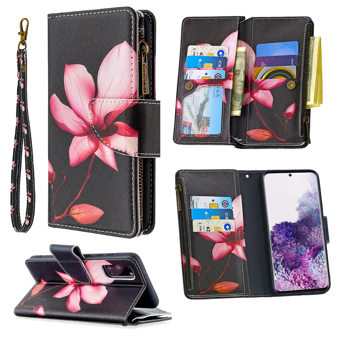 Patterned Zipper Wallet with 9 Card Slots Leather Phone Case Cover for Samsung Galaxy S20 4G/S20 5G - Lotus