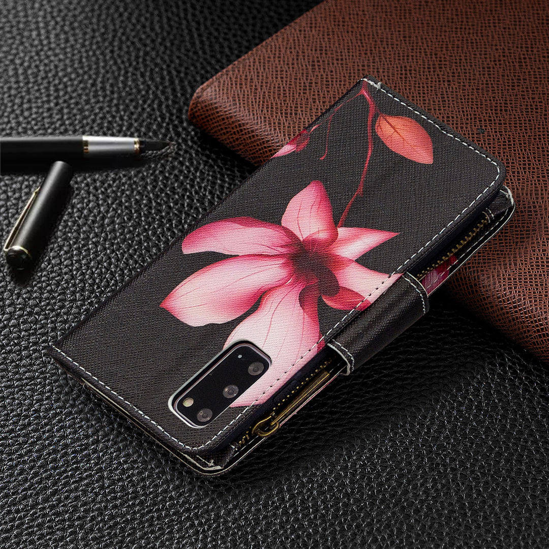 Patterned Zipper Wallet with 9 Card Slots Leather Phone Case Cover for Samsung Galaxy S20 4G/S20 5G - Lotus