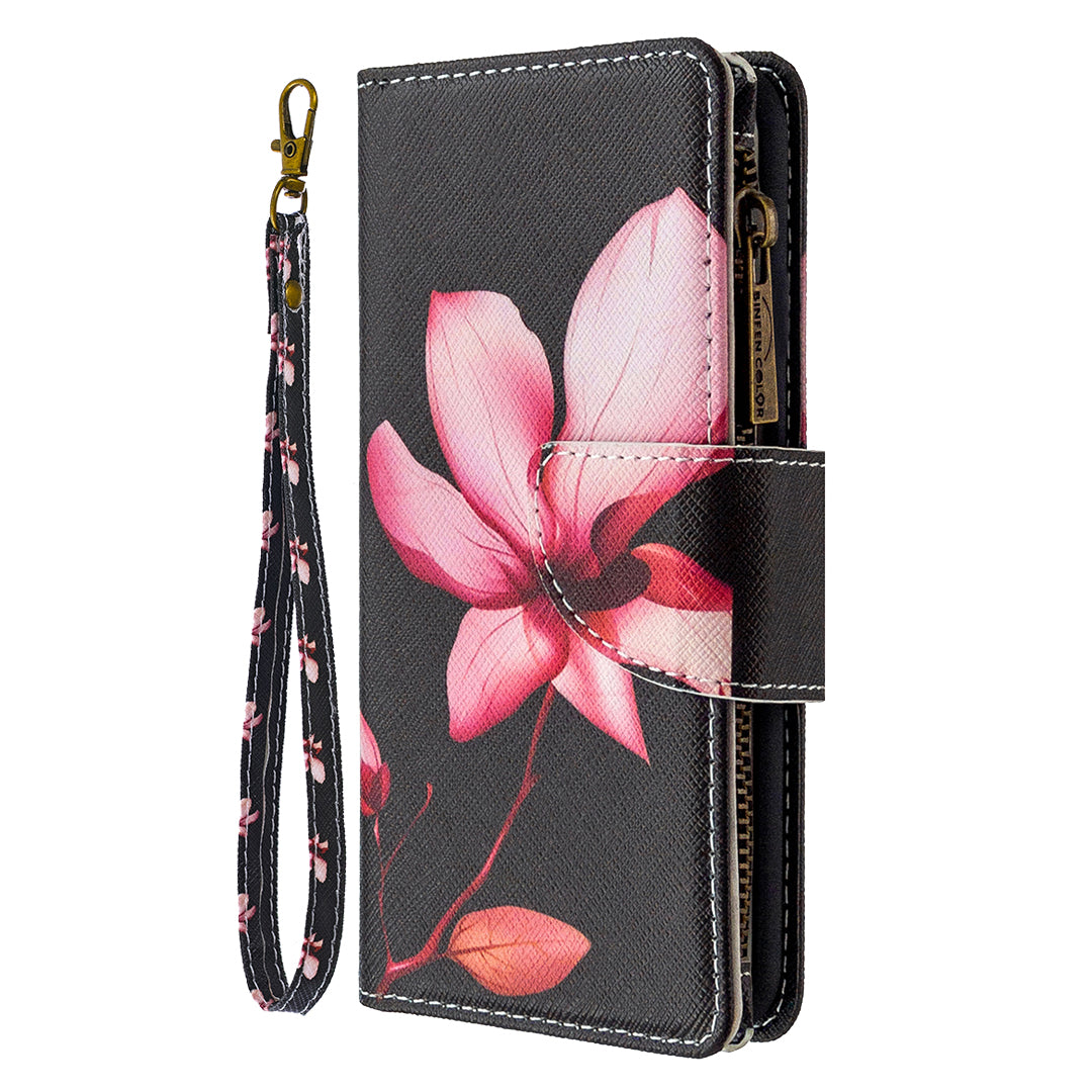 Patterned Zipper Wallet with 9 Card Slots Leather Phone Case Cover for Samsung Galaxy S20 4G/S20 5G - Lotus