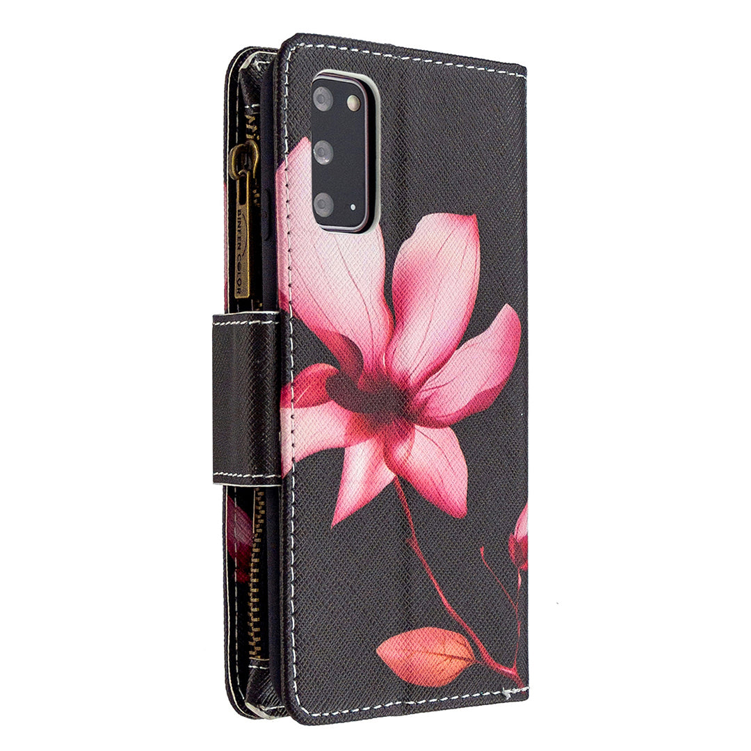 Patterned Zipper Wallet with 9 Card Slots Leather Phone Case Cover for Samsung Galaxy S20 4G/S20 5G - Lotus