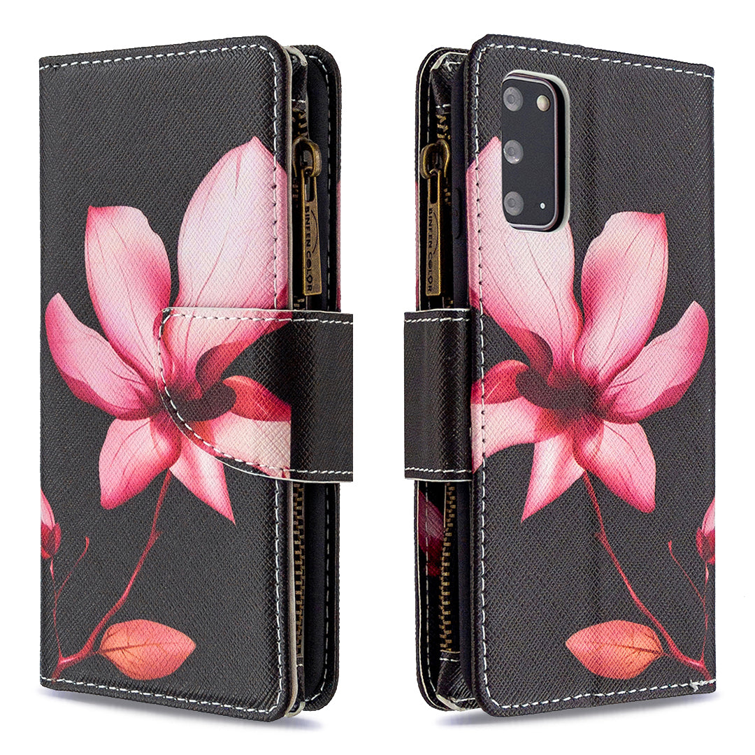 Patterned Zipper Wallet with 9 Card Slots Leather Phone Case Cover for Samsung Galaxy S20 4G/S20 5G - Lotus