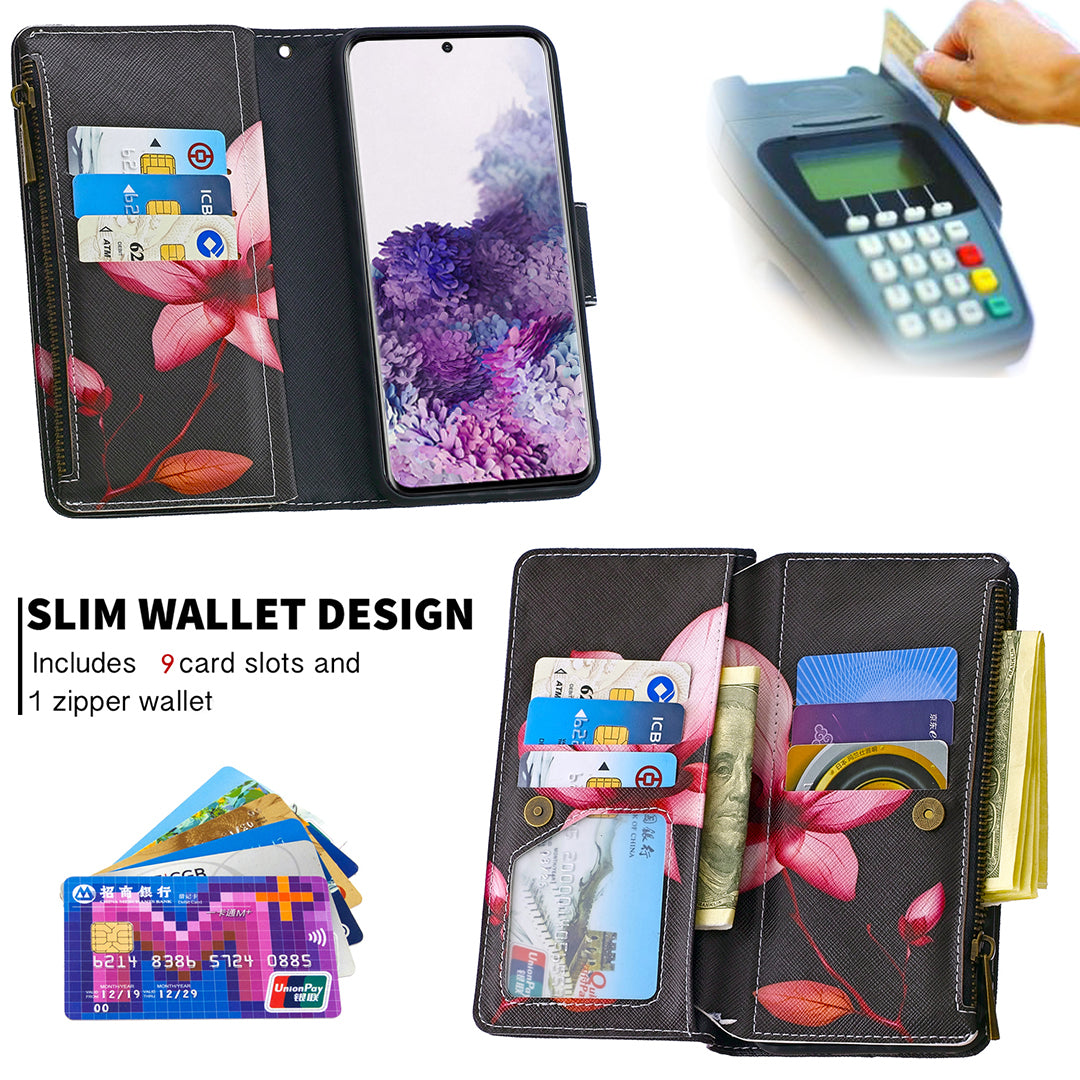 Patterned Zipper Wallet with 9 Card Slots Leather Phone Case Cover for Samsung Galaxy S20 4G/S20 5G - Lotus