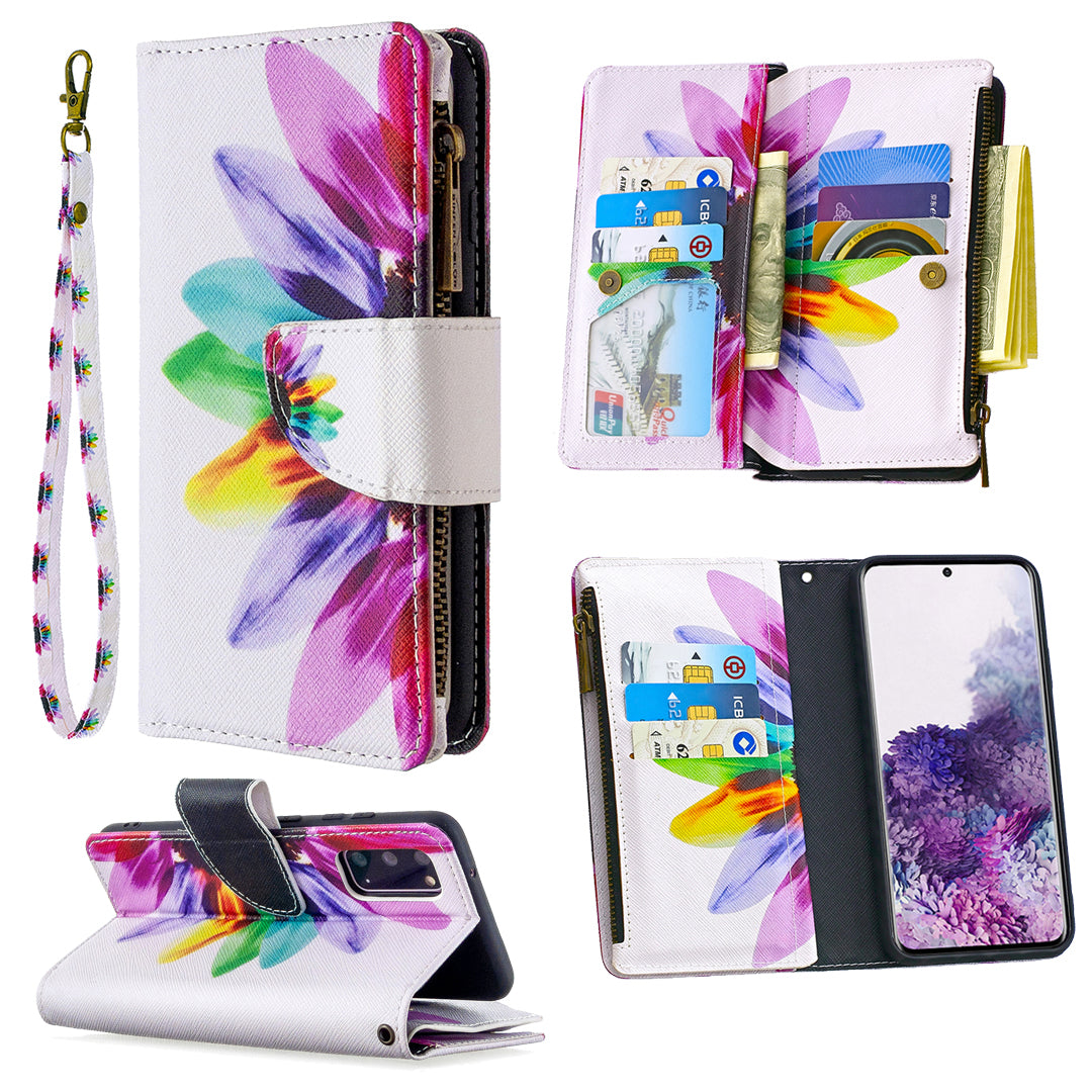 Patterned Zipper Wallet with 9 Card Slots Leather Phone Case Cover for Samsung Galaxy S20 4G/S20 5G - Colorful