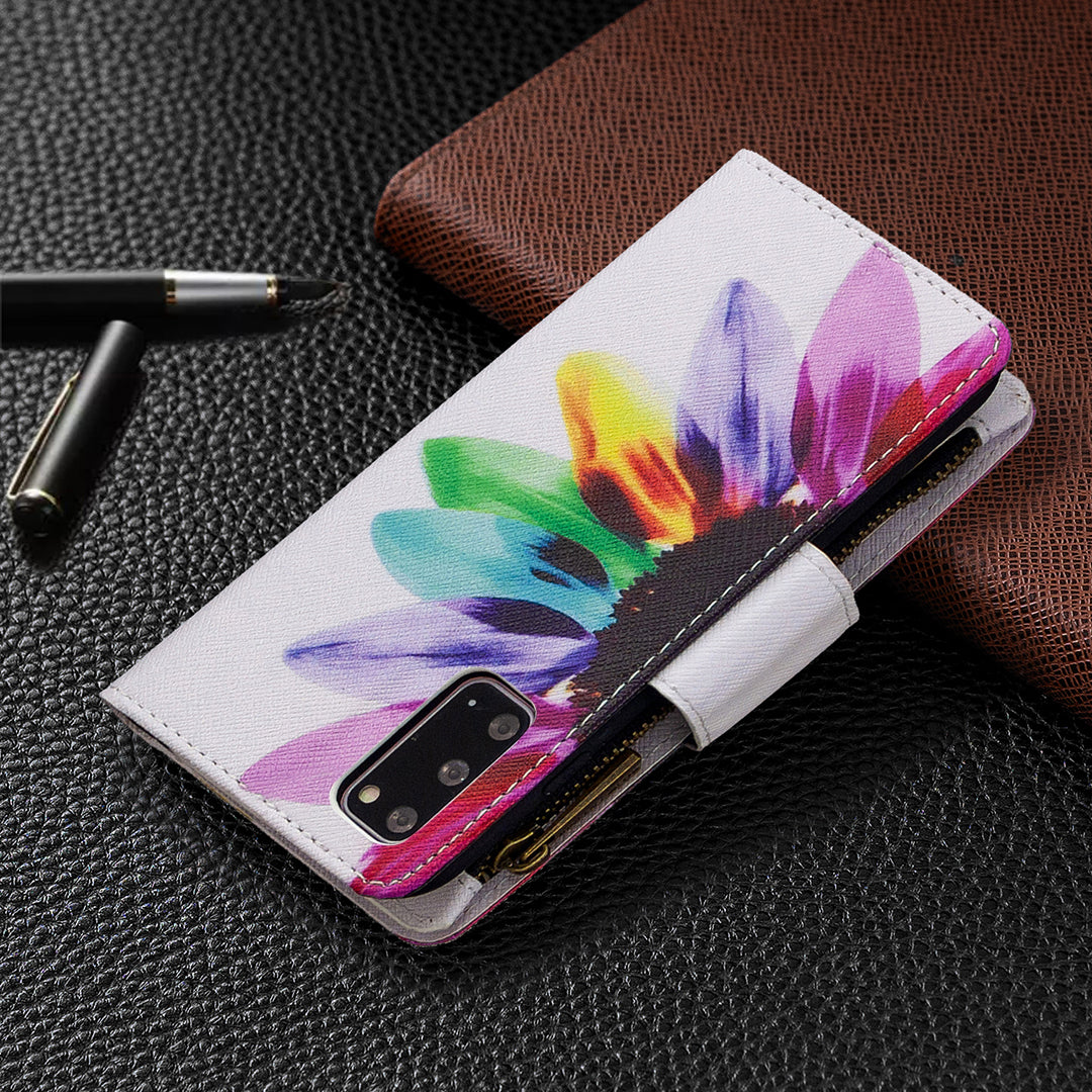 Patterned Zipper Wallet with 9 Card Slots Leather Phone Case Cover for Samsung Galaxy S20 4G/S20 5G - Colorful