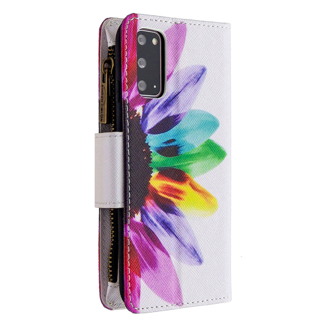 Patterned Zipper Wallet with 9 Card Slots Leather Phone Case Cover for Samsung Galaxy S20 4G/S20 5G - Colorful