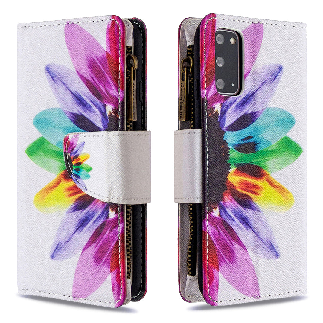 Patterned Zipper Wallet with 9 Card Slots Leather Phone Case Cover for Samsung Galaxy S20 4G/S20 5G - Colorful