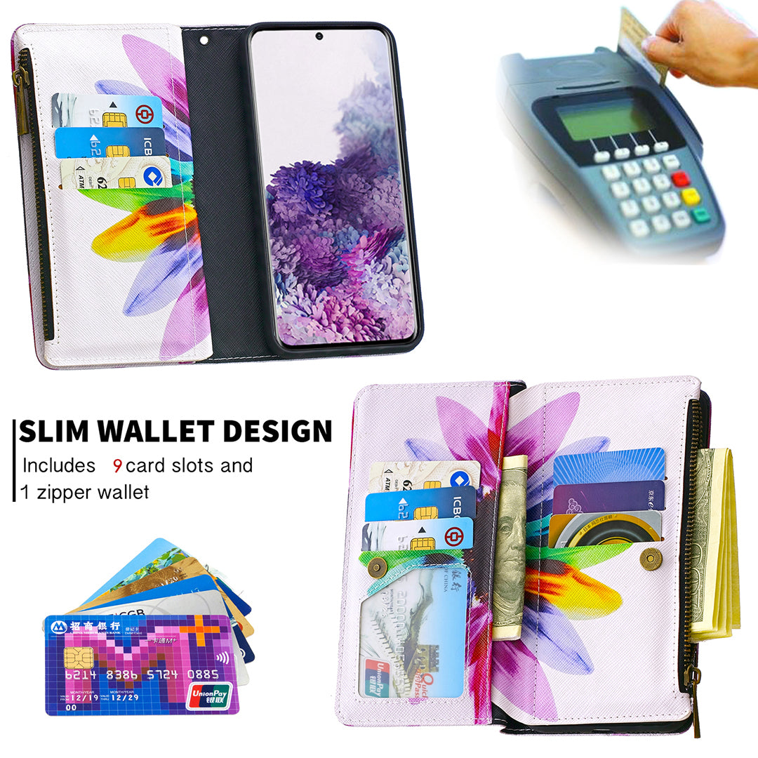 Patterned Zipper Wallet with 9 Card Slots Leather Phone Case Cover for Samsung Galaxy S20 4G/S20 5G - Colorful