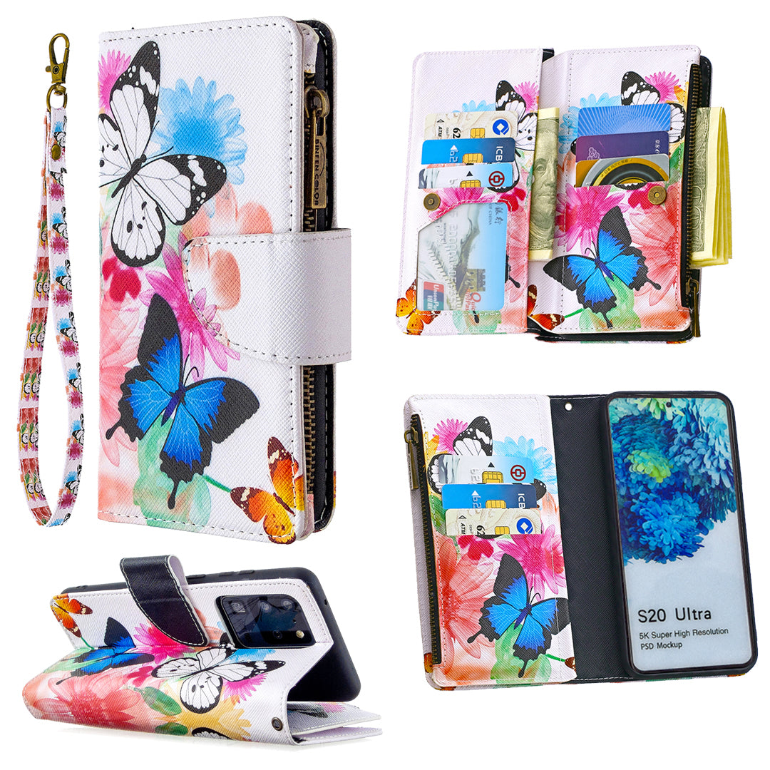 Pattern Zipper Pocket 9 Card Slots Leather Wallet Phone Case for Samsung Galaxy S20 Ultra - Three Butterflies