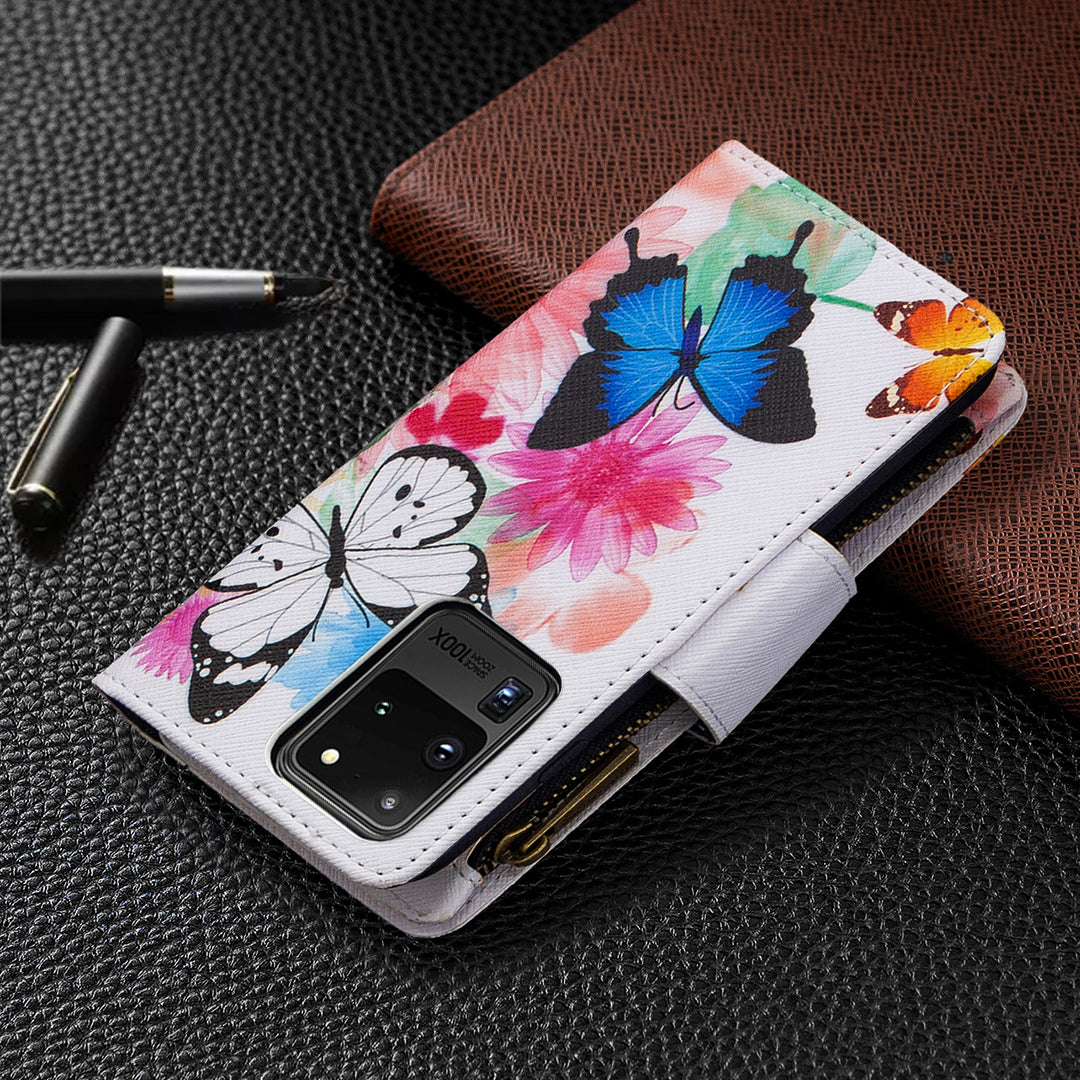 Pattern Zipper Pocket 9 Card Slots Leather Wallet Phone Case for Samsung Galaxy S20 Ultra - Three Butterflies