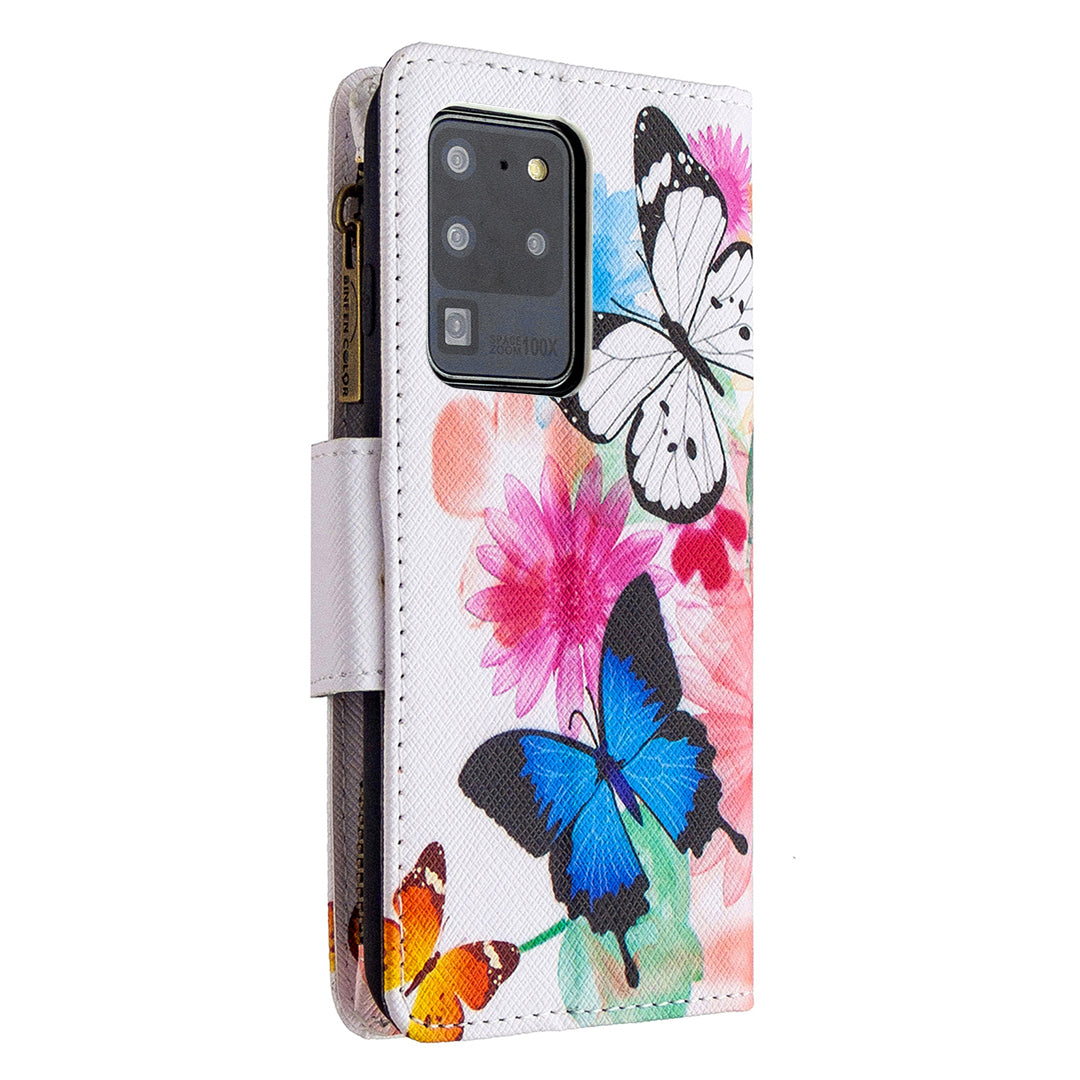 Pattern Zipper Pocket 9 Card Slots Leather Wallet Phone Case for Samsung Galaxy S20 Ultra - Three Butterflies