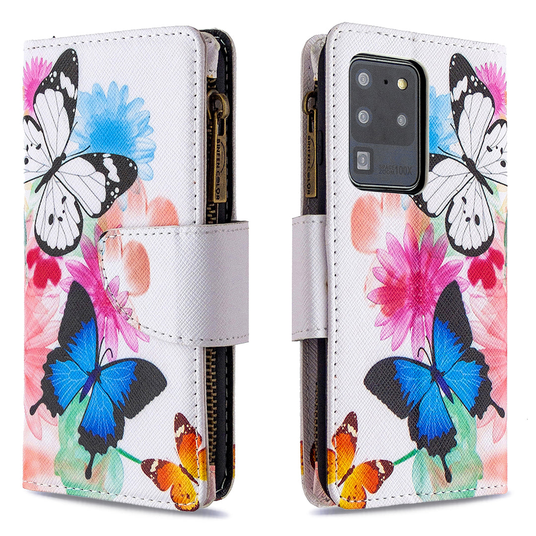 Pattern Zipper Pocket 9 Card Slots Leather Wallet Phone Case for Samsung Galaxy S20 Ultra - Three Butterflies