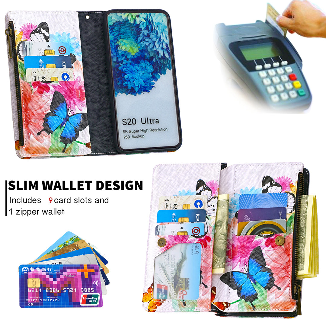 Pattern Zipper Pocket 9 Card Slots Leather Wallet Phone Case for Samsung Galaxy S20 Ultra - Three Butterflies