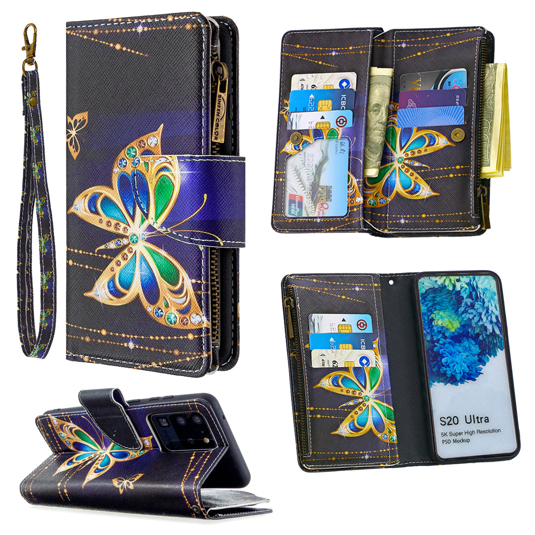 Pattern Zipper Pocket 9 Card Slots Leather Wallet Phone Case for Samsung Galaxy S20 Ultra - Gold Butterfly