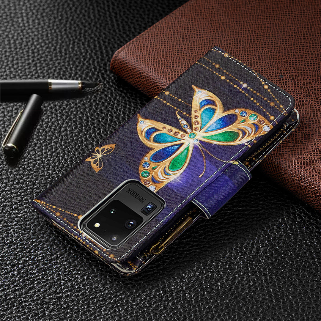 Pattern Zipper Pocket 9 Card Slots Leather Wallet Phone Case for Samsung Galaxy S20 Ultra - Gold Butterfly