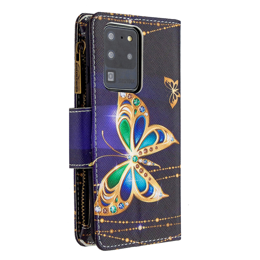 Pattern Zipper Pocket 9 Card Slots Leather Wallet Phone Case for Samsung Galaxy S20 Ultra - Gold Butterfly