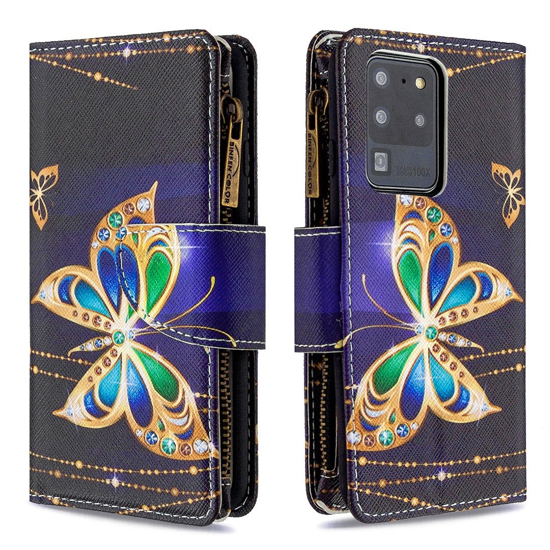 Pattern Zipper Pocket 9 Card Slots Leather Wallet Phone Case for Samsung Galaxy S20 Ultra - Gold Butterfly