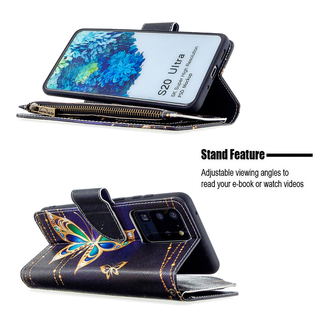 Pattern Zipper Pocket 9 Card Slots Leather Wallet Phone Case for Samsung Galaxy S20 Ultra - Gold Butterfly