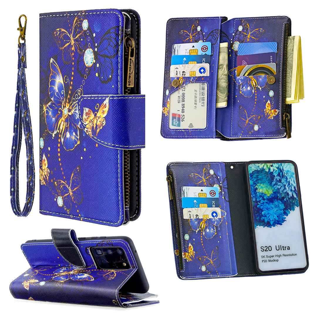 Pattern Zipper Pocket 9 Card Slots Leather Wallet Phone Case for Samsung Galaxy S20 Ultra - Blue Butterfly