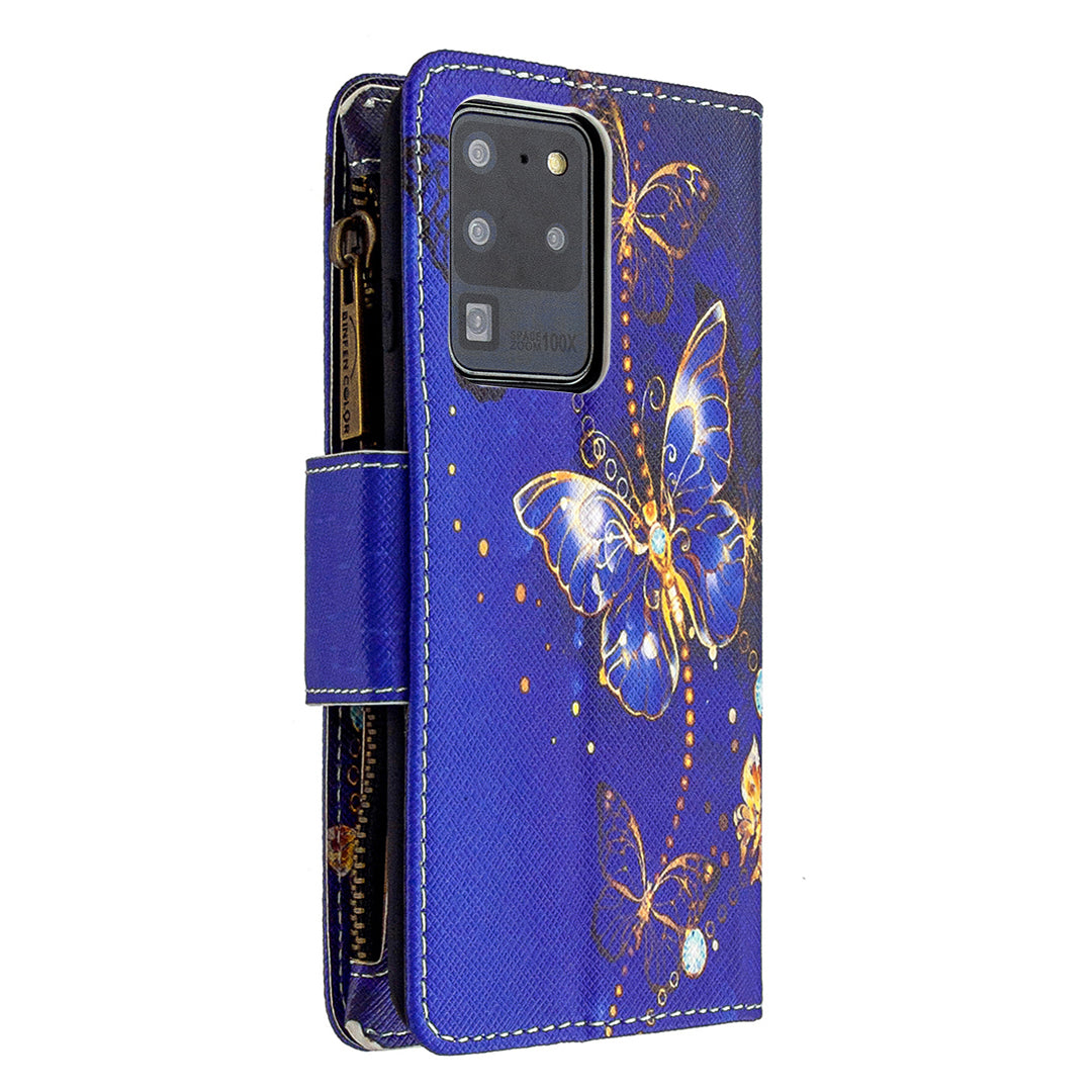 Pattern Zipper Pocket 9 Card Slots Leather Wallet Phone Case for Samsung Galaxy S20 Ultra - Blue Butterfly