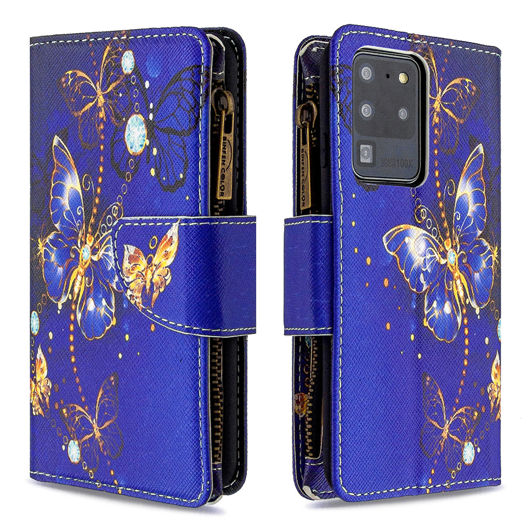 Pattern Zipper Pocket 9 Card Slots Leather Wallet Phone Case for Samsung Galaxy S20 Ultra - Blue Butterfly