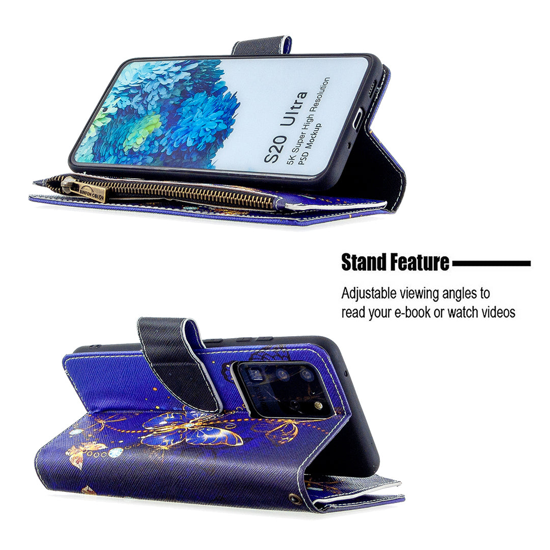 Pattern Zipper Pocket 9 Card Slots Leather Wallet Phone Case for Samsung Galaxy S20 Ultra - Blue Butterfly