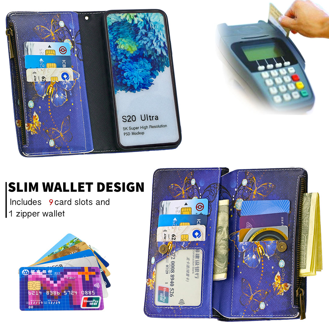 Pattern Zipper Pocket 9 Card Slots Leather Wallet Phone Case for Samsung Galaxy S20 Ultra - Blue Butterfly