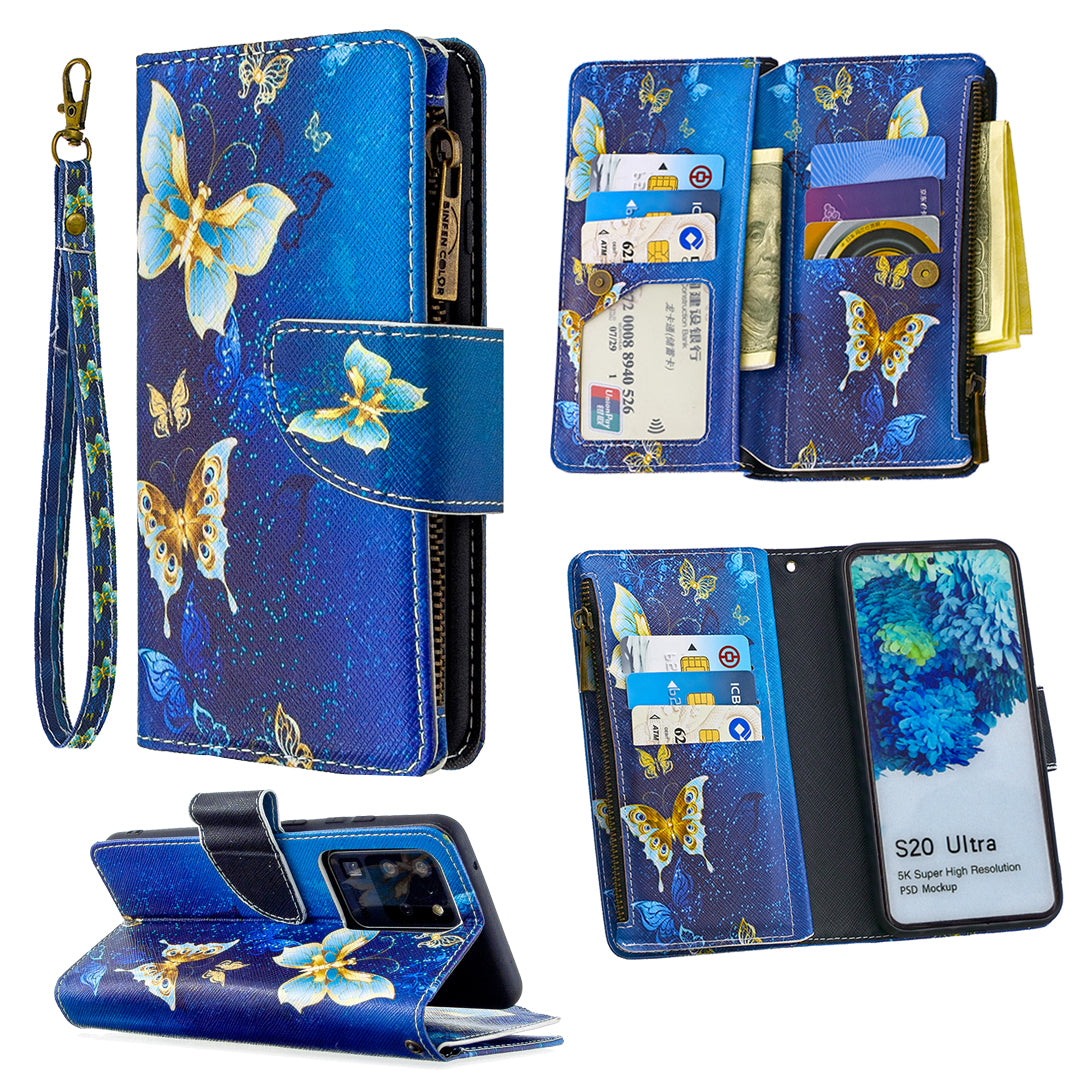 Pattern Zipper Pocket 9 Card Slots Leather Wallet Phone Case for Samsung Galaxy S20 Ultra - Cyan Butterfly