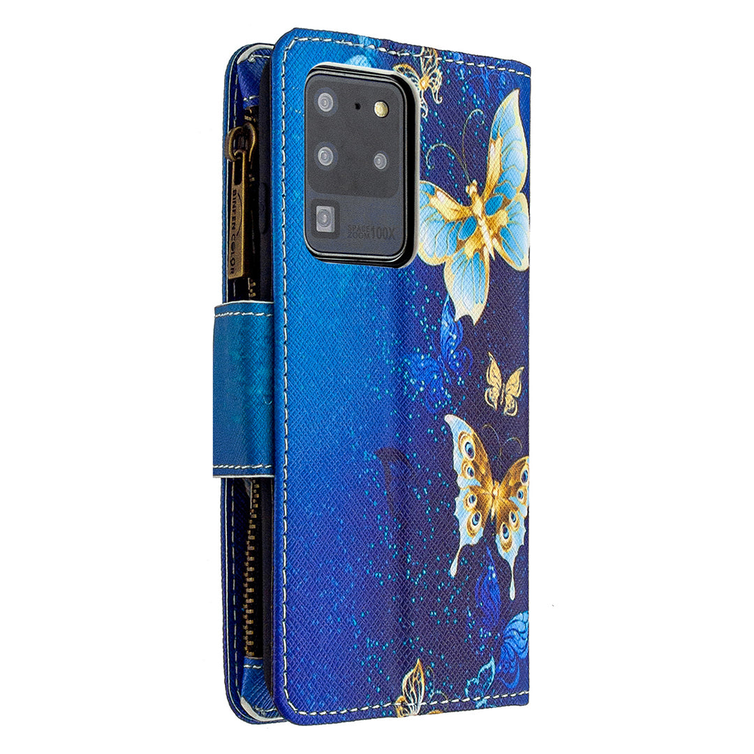 Pattern Zipper Pocket 9 Card Slots Leather Wallet Phone Case for Samsung Galaxy S20 Ultra - Cyan Butterfly