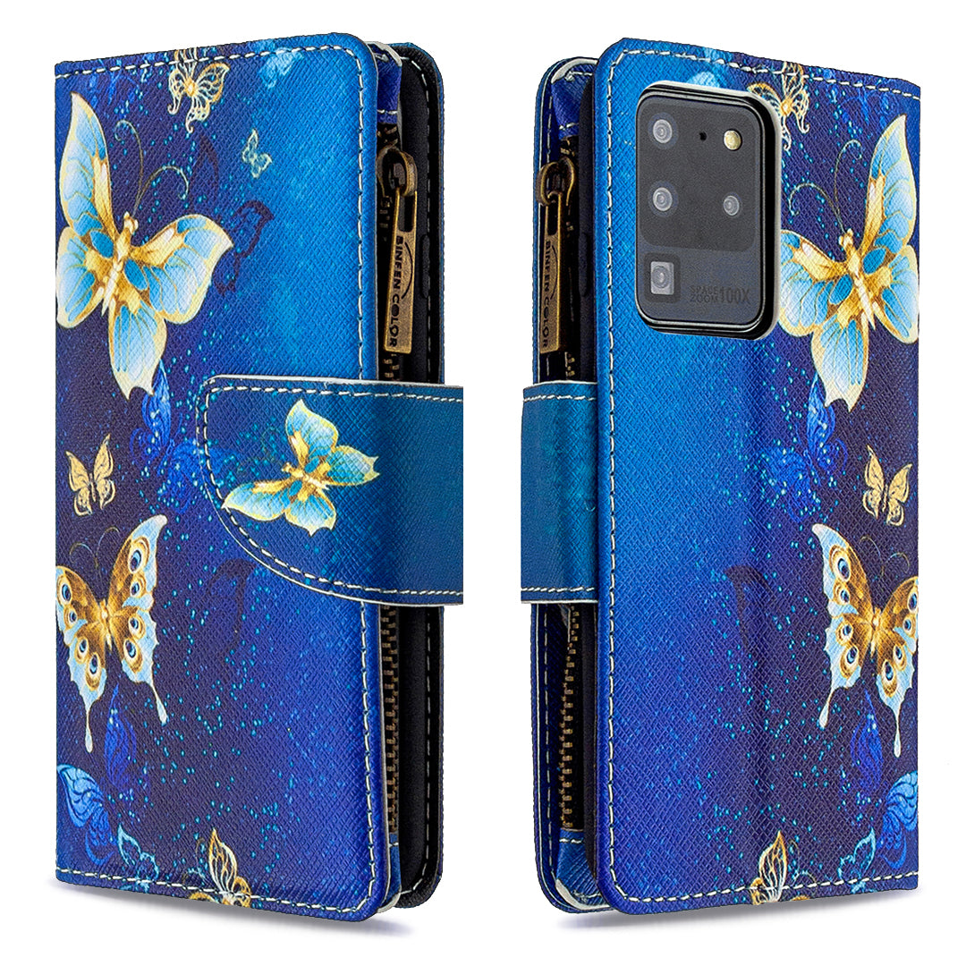 Pattern Zipper Pocket 9 Card Slots Leather Wallet Phone Case for Samsung Galaxy S20 Ultra - Cyan Butterfly