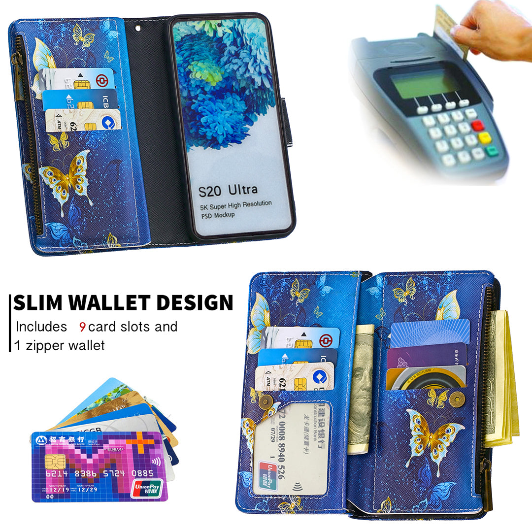 Pattern Zipper Pocket 9 Card Slots Leather Wallet Phone Case for Samsung Galaxy S20 Ultra - Cyan Butterfly