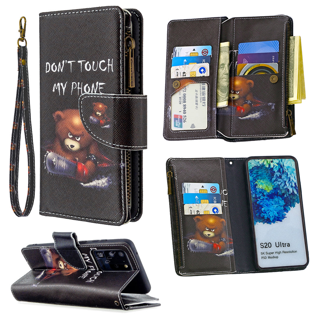 Pattern Zipper Pocket 9 Card Slots Leather Wallet Phone Case for Samsung Galaxy S20 Ultra - Do Not Touch