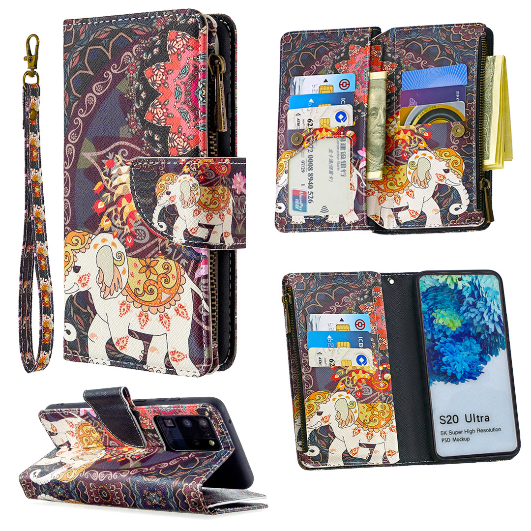 Pattern Zipper Pocket 9 Card Slots Leather Wallet Phone Case for Samsung Galaxy S20 Ultra - Elephant