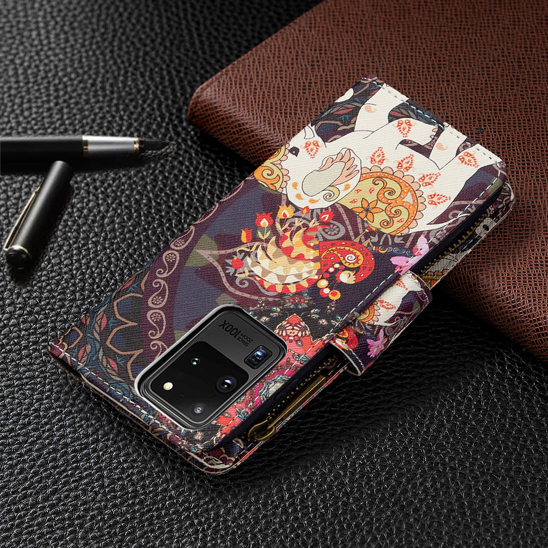 Pattern Zipper Pocket 9 Card Slots Leather Wallet Phone Case for Samsung Galaxy S20 Ultra - Elephant