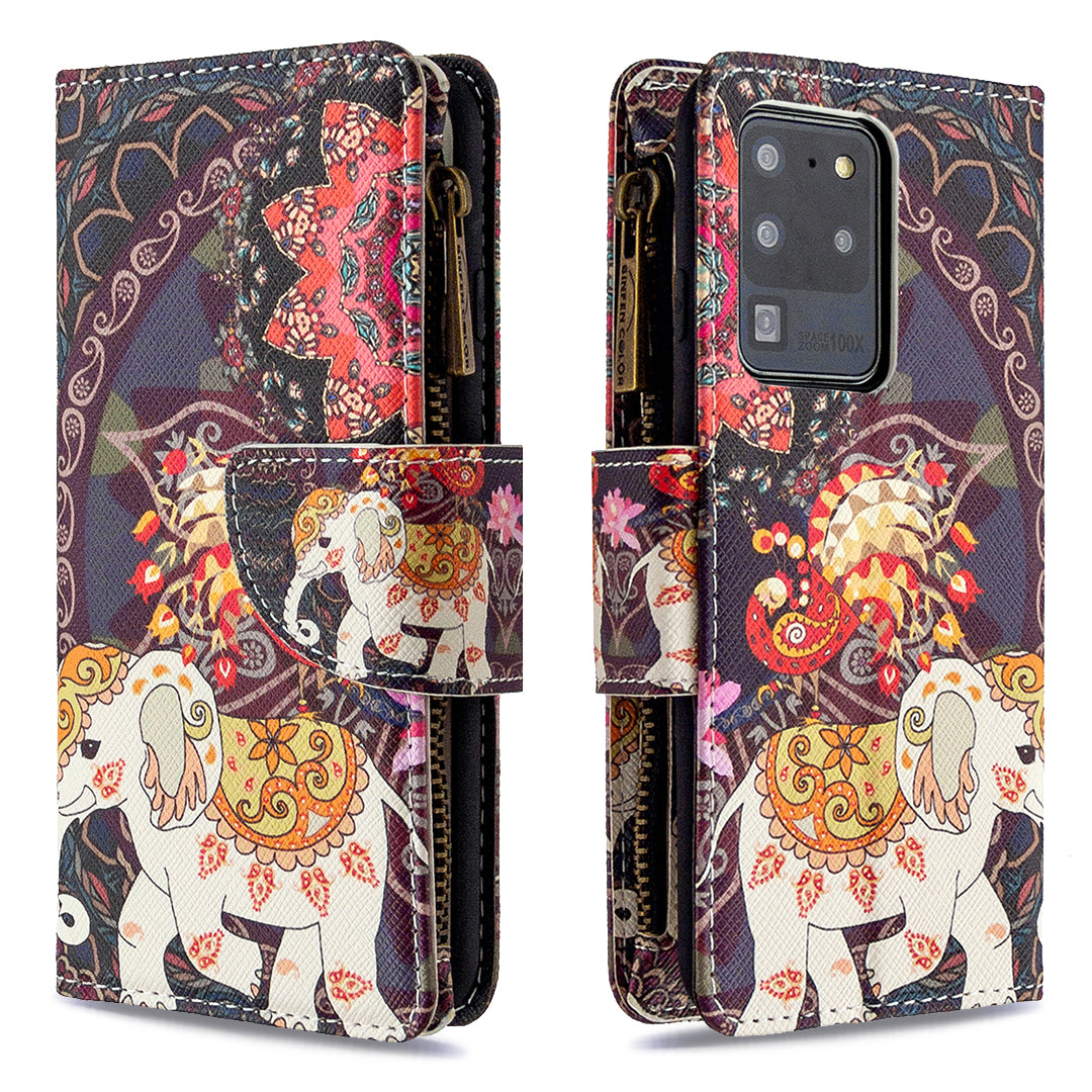 Pattern Zipper Pocket 9 Card Slots Leather Wallet Phone Case for Samsung Galaxy S20 Ultra - Elephant