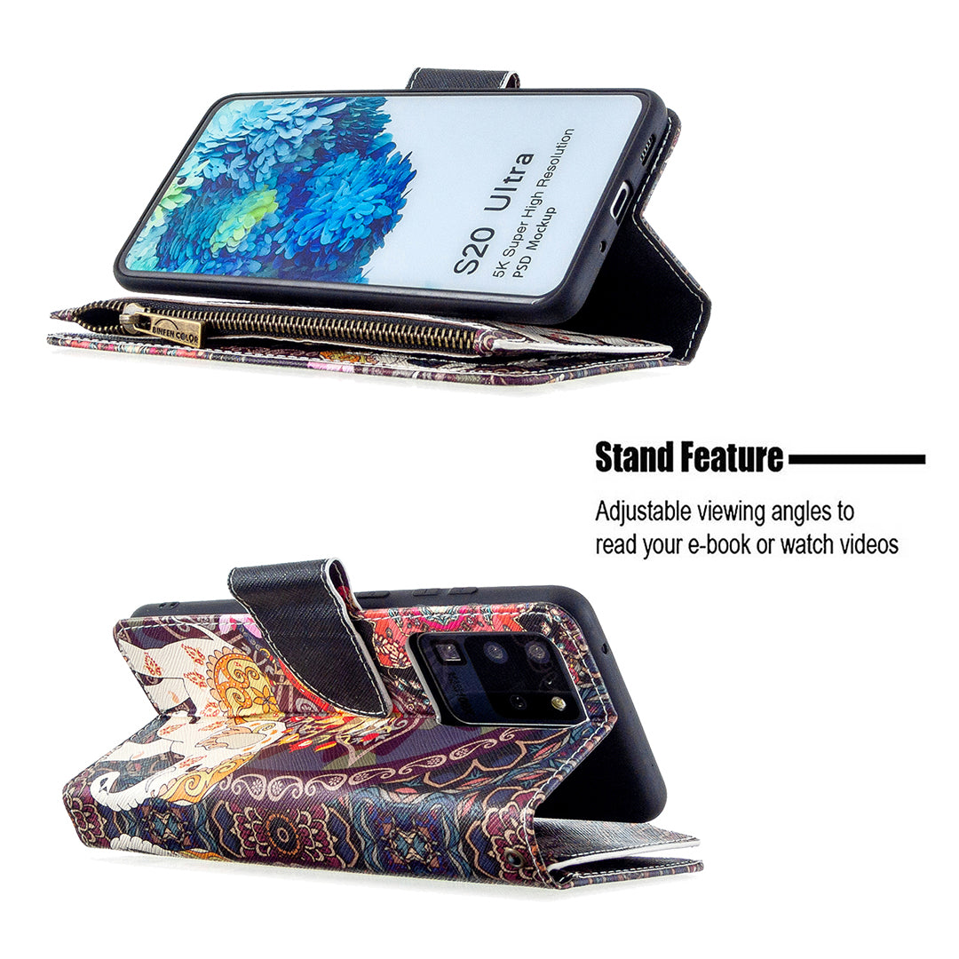 Pattern Zipper Pocket 9 Card Slots Leather Wallet Phone Case for Samsung Galaxy S20 Ultra - Elephant