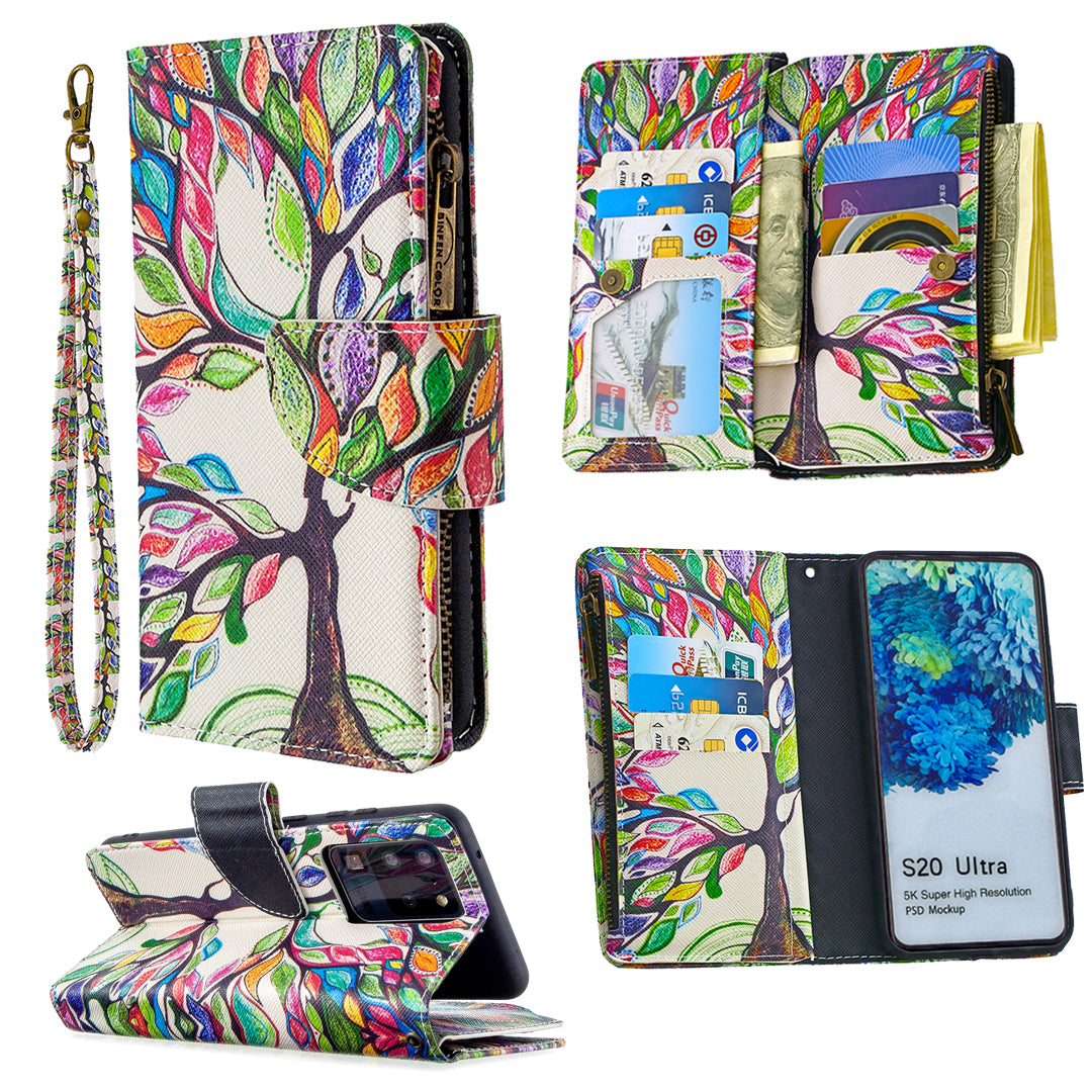 Pattern Zipper Pocket 9 Card Slots Leather Wallet Phone Case for Samsung Galaxy S20 Ultra - Color Tree