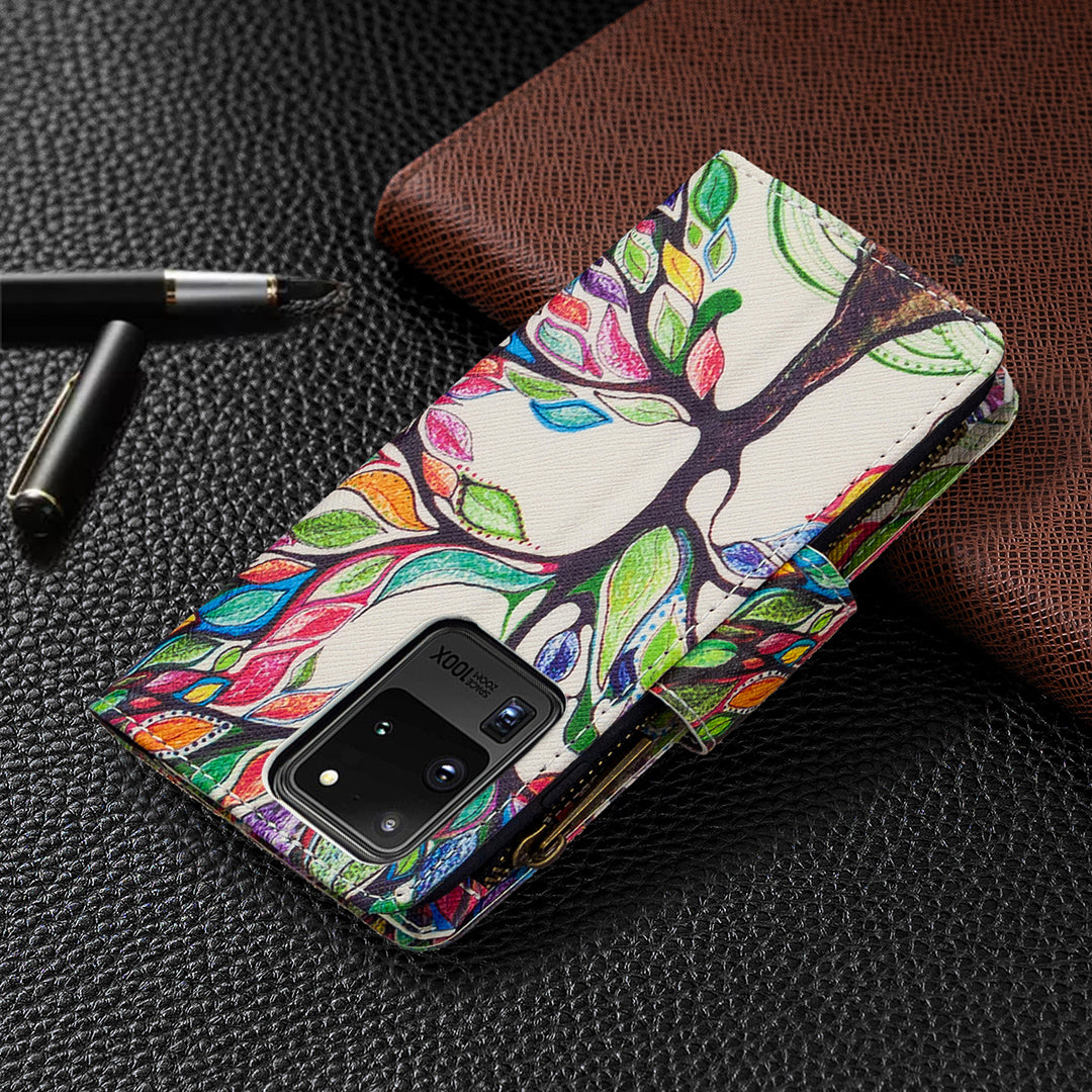 Pattern Zipper Pocket 9 Card Slots Leather Wallet Phone Case for Samsung Galaxy S20 Ultra - Color Tree