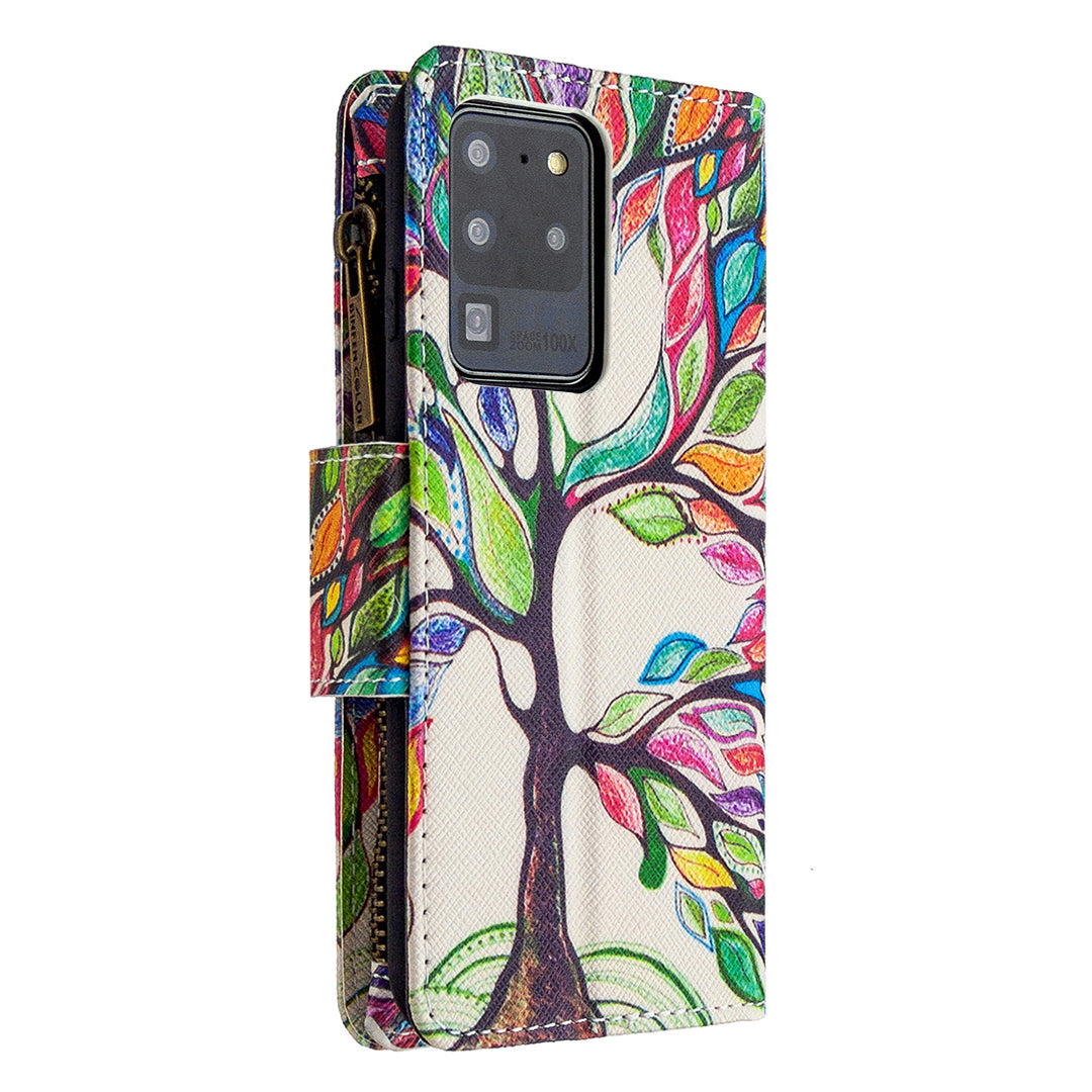 Pattern Zipper Pocket 9 Card Slots Leather Wallet Phone Case for Samsung Galaxy S20 Ultra - Color Tree