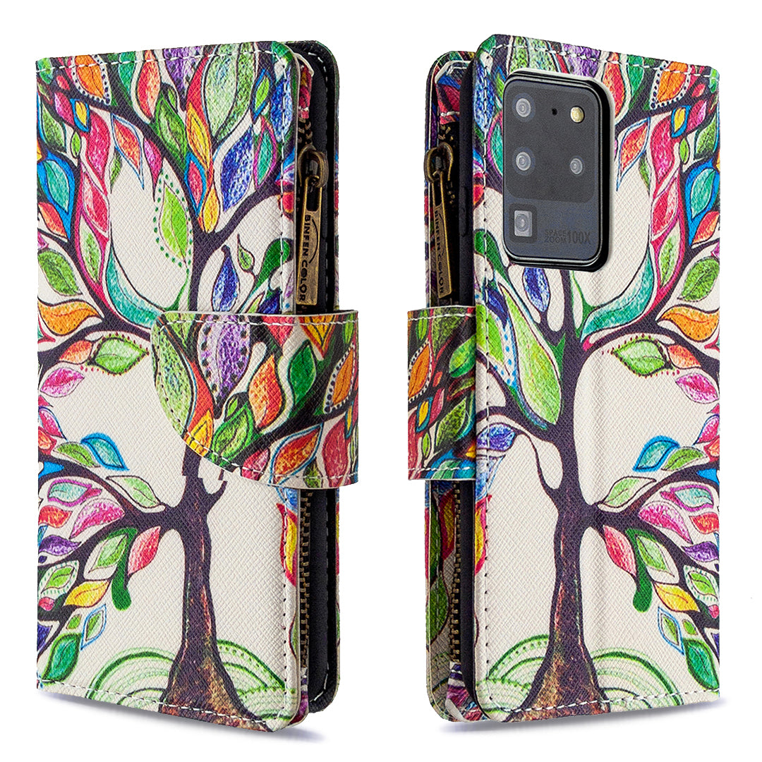 Pattern Zipper Pocket 9 Card Slots Leather Wallet Phone Case for Samsung Galaxy S20 Ultra - Color Tree